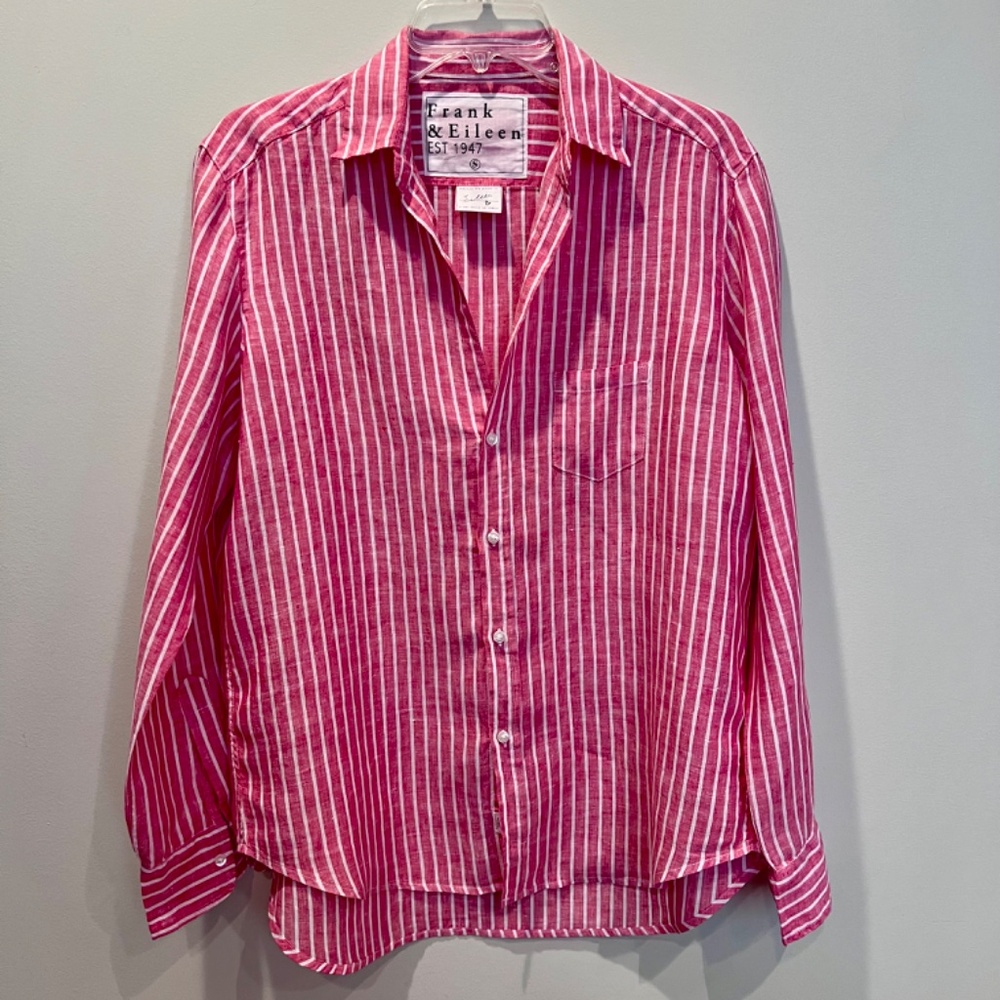 Red and White Striped FRANK & EILEEN “Eileen” Linen Blouse Size Small